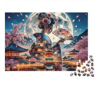 Geisha Japonesa Luz de Luna Grueso Rompecabezas de 1000 Piezas para Adultos Silueta de Geisha contra Cerezos en Flor bajo la Luna Robusto Vibrante Alivio de Estrés 52x38cm/1000pzs