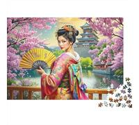 Geisha Japonesa Primavera Rompecabezas de 1000 Piezas de Relajación para Adultos Mujer Hermosa con Kimono y Abanico en Jardín de Sakura Desafiante Alivio de Estrés 70x50cm/1000pzs