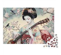 Geisha Japonesa Tocando Instrumento Puzzle de 1000 Piezas Papel para Adultos Escena de Flores de Cerezo Relajante Decoración Regalo 38x26cm/1000pcs