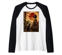 Geisha sentada con Gato Negro Templo japonés Luna Vintage Camiseta Manga Raglan