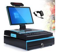 GEJLELDS Caja registradora electrónica, Pantalla táctil LED de 15,6", Terminal de Punto de Venta con escáner portátil, Teclado de 101 Teclas, Impresora térmica de 58 mm Blue-SingleScreen