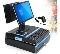 GEJLELDS Caja registradora electrónica, Pantalla táctil LED de 15,6", Terminal de Punto de Venta con escáner portátil, Teclado de 101 Teclas, Impresora térmica de 58 mm Blue-DualScreen