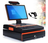 GEJLELDS Caja registradora electrónica, Pantalla táctil LED de 15,6", Terminal de Punto de Venta con escáner portátil, Teclado de 101 Teclas, Impresora térmica de 58 mm Orange-SingleScreen