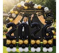 Gejoy Kit de 50 piezas de decoraciones de graduación de clase de 2026 con 8 luces LED, color negro y dorado, decoración de fiesta, felicitaciones, globos de pie, cabina de fotos, suministros de fiesta