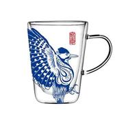 GEK208130 Moderno Taza de vidrio doble pared con asa, 280 ml, diseño tótems animales azules, resistente al calor, transparente, for café o té Fiestas