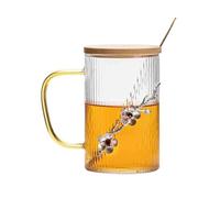 GEK208130 Moderno Tazas de vidrio con rayas verticales y decoración flor ciruelo, vasos borosilicato 15.6 oz asa, cuchara tapa Fiestas
