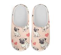 Gekhuqory Pantuflas de perro para mujer, suaves y cálidas, de espuma viscoelástica, con puntera completa, zapatos para interiores, Bonitos corazones de carlino, 42.5/43.5 EU