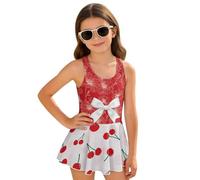 Gekhuqory Traje de baño de una pieza para niñas de 3 a 13 años con espalda cruzada, Pajarita Cereza, 10-11 años