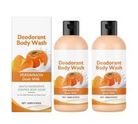 Gel de ducha desodorizante de caqui y leche de cabra: Elimina suavemente el mal olor corporal, cuida las zonas íntimas, deja una fragancia fresca y repara la barrera cutánea.