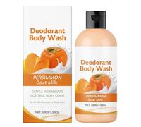 Gel de ducha desodorizante de caqui y leche de cabra: Elimina suavemente el mal olor corporal, cuida las zonas íntimas, deja una fragancia fresca y repara la barrera cutánea.