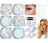 Gel de Purpurina Luminoso+Purpurina Pecas Para La Cara Pegatinas,2 Parches de Maquillaje de Pecas Brillantes,Carnaval Glitter Maquillaje 6 Colores Chunky Glitter Gel