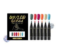 Gel Pen Set - 6 Colour Fine Tip Quick Dry Manicure Markers | Precision Drawing Applicators, Non Spill Nail Painting Tools With Smooth Flow Ink System For Beginners, Salon Styling, Home DIY De