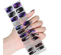 Geles semicurados uñas pegatinas brillan en rayas polacas oscuras Halloween arte dectortion geles semiendurecidos envoltura completa pegatinas de Halloween para mujer