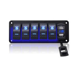 Geloo 5 Gang Panel de Interruptores Impermeable, 12V/24V Marina Panel de Interruptores Interruptor basculante con 4.8A Dual USB LED Voltímetro Interruptor de palanca