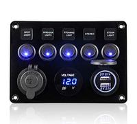 Geloo Panel de Interruptores Basculantes de 5 Pandillas IP65 Impermeable 12V/ 24V Dual USB Voltímetro LED Digital y Encendedor de Cigarrillos para Coche, Barco, Marina, Camiones, Campista