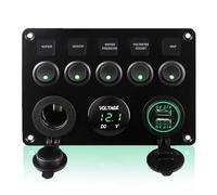 Geloo Panel de Interruptores Basculantes de 5 Pandillas IP65 Impermeable 12V/ 24V Puerto del Cargador USB Voltímetro Digital y Encendedor para Coche, Barco, Marina, Camiones, Campera