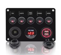 Geloo Panel de Interruptores Basculantes de 5 Pandillas IP65 Impermeable 12V/ 24V Puerto del Cargador USB Voltímetro Digital y Encendedor para Coche, Barco, Marina, Camiones, Campera
