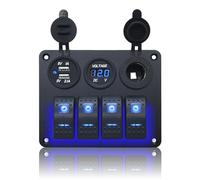 Geloo Panel de interruptores basculantes impermeable de 4 grupos con toma de mechero, toma USB doble de 3,1 A y voltímetro para camiones, marinas, coches y autocaravanas