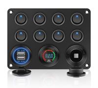 Geloo Panel de Interruptores Impermeables de 8 Vías, Panel de Interruptores Basculantes y de Palanca 12V/24V con Luces LED Azules, Cargador USB Dual para Coche, Camión, Barcos, Autocaravana