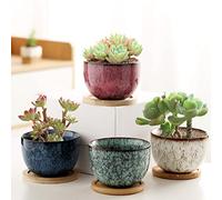 Gelory Macetas suculentas de 9,5 cm, pequeñas macetas suculentas con orificio de drenaje, macetas de cerámica y platillos de bambú para plantas de cactus de interior, juego de 4