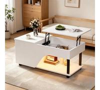 Gelukueub 50 x 100 x 46 cm, altura ajustable, mesa auxiliar con espacio de almacenamiento oculto, mesa de café calada, mesa de sofá LED de alto brillo, mesa de té con estante lateral (blanco)