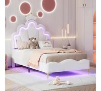 Gelukueub Cama doble plana, cama de princesa en forma de corona, acolchado suave de piel sintética, tira de luz LED ajustable (blanco, 90 x 200 cm)