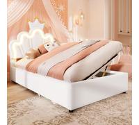 Gelukueub Cama tapizada, 90 x 200 cm, sin colchón, tira de luz LED, con mecanismo de elevación hidráulica, cama de princesa en forma de corona, cabecero ajustable, PU (blanco)