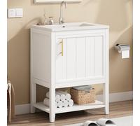 Gelukueub Mueble de baño individual para lavabo de 60 cm con lavabo de cerámica, con estante (blanco)