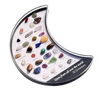 Gem Stone Collection - 32pcs Mineral Identification Kit | Moon Shape Box 8x15cm, Educational Rocks and Minerals Set with Strawberry Quartz Prehnite Obsidian Red Jasper