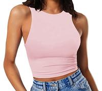 GEMBERA Camiseta corta básica de cuello alto para mujer, con espalda cruzada, sin mangas, rosado, (Apricotpink), Large