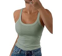 GEMBERA Camiseta de Tirantes Acanalados con Cuello Redondo y Tirantes de Espagueti para Mujer, Camiseta Ajustada de algodón básico, sin Mangas, Verde Salvia, XS