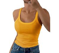 GEMBERA Camiseta de Tirantes Delgados para Mujer, Cuello Redondo, Acanalada, Ajustada, Camisola de algodón, básica, sin Mangas, Amarillo, Large