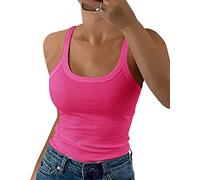GEMBERA Camiseta de tirantes delgados para mujer, cuello redondo, acanalada, ajustada, camisola de algodón, básica, sin mangas, Rosa caliente, XL