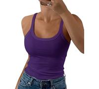 GEMBERA Camiseta de tirantes delgados para mujer, cuello redondo, acanalada, ajustada, camisola de algodón, básica, sin mangas, Púrpura, XL