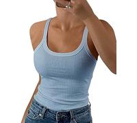 GEMBERA Camiseta de Tirantes Delgados para Mujer, Cuello Redondo, Acanalada, Ajustada, Camisola de algodón, básica, sin Mangas, Azul bebé, Large