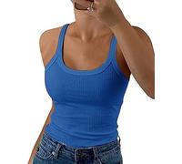 GEMBERA Camiseta de Tirantes Delgados para Mujer, Cuello Redondo, Acanalada, Ajustada, Camisola de algodón, básica, sin Mangas, Azul Real, M