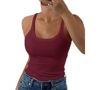 GEMBERA Camiseta de Tirantes Delgados para Mujer, Cuello Redondo, Acanalada, Ajustada, Camisola de algodón, básica, sin Mangas, Borgoña, M