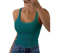 GEMBERA Camiseta de Tirantes Delgados para Mujer, Cuello Redondo, Acanalada, Ajustada, Camisola de algodón, básica, sin Mangas, Verde Azulado, Large
