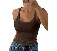 GEMBERA Camiseta de tirantes delgados para mujer, cuello redondo, acanalada, ajustada, de algodón, básica, para capas, Marrón, XL