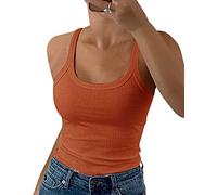 GEMBERA Camiseta de Tirantes Delgados para Mujer, Cuello Redondo, Acanalada, Ajustada, de algodón, básica, para Capas, Naranja, Large