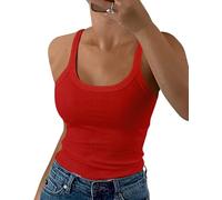 GEMBERA Camiseta de Tirantes Delgados para Mujer, Cuello Redondo, Acanalada, Ajustada, de algodón, básica, para Capas, Rojo, M