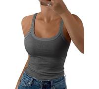 GEMBERA Camiseta de Tirantes Delgados para Mujer, Cuello Redondo, Acanalada, Ajustada, de algodón, básica, para Capas, Gris Jaspeado Oscuro, S