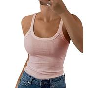 GEMBERA Camiseta de Tirantes Delgados para Mujer, Cuello Redondo, Acanalada, Ajustada, de algodón, básica, para Capas, Rosado Cameo, S