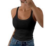 GEMBERA Camiseta de Tirantes Delgados para Mujer, Cuello Redondo, Acanalada, Ajustada, de algodón, básica, para Capas, Negro -, S
