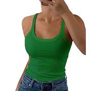 GEMBERA Camiseta de Tirantes Delgados para Mujer, Cuello Redondo, Acanalada, Ajustada, de algodón, básica, para Capas, KellyVerde, XS