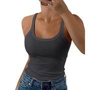 GEMBERA Camiseta de Tirantes Delgados para Mujer, Cuello Redondo, Acanalada, Ajustada, de algodón, básica, para Capas, Gris Oscuro, S