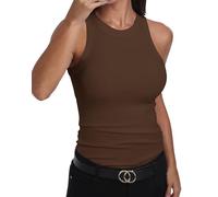 GEMBERA - Camiseta Informal Ajustada básica sin Mangas para Mujer Acanalada de Cuello Alto de algodón, Marrón, S