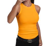 GEMBERA - Camiseta Informal Ajustada básica sin Mangas para Mujer Acanalada de Cuello Alto de algodón, Amarillo, S