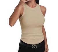 GEMBERA - Camiseta Informal Ajustada básica sin Mangas para Mujer Acanalada de Cuello Alto de algodón, Beige, S