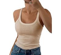 GEMBERA Camiseta sin Mangas Acanalada con Tirantes Delgados, Cuello Redondo, Entallada, de algodón, básica, sin Mangas, para Mujer, Beige, marrón Claro, Medium